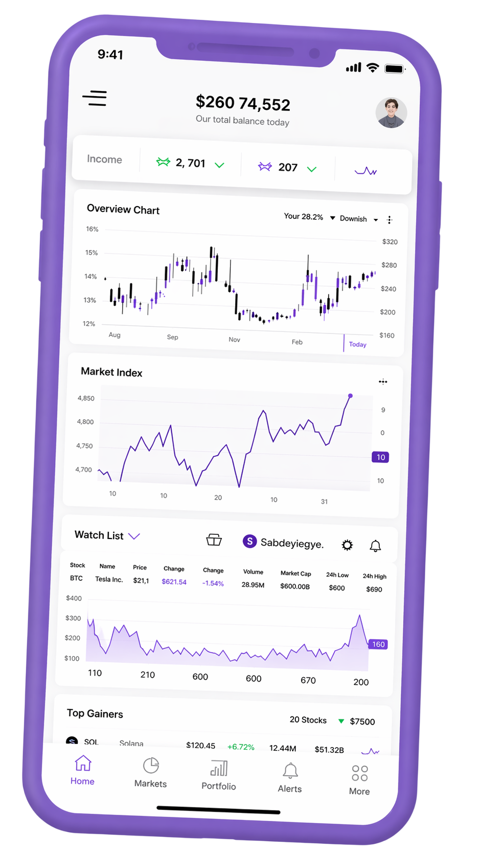 Mobile portfolio dashboard interface